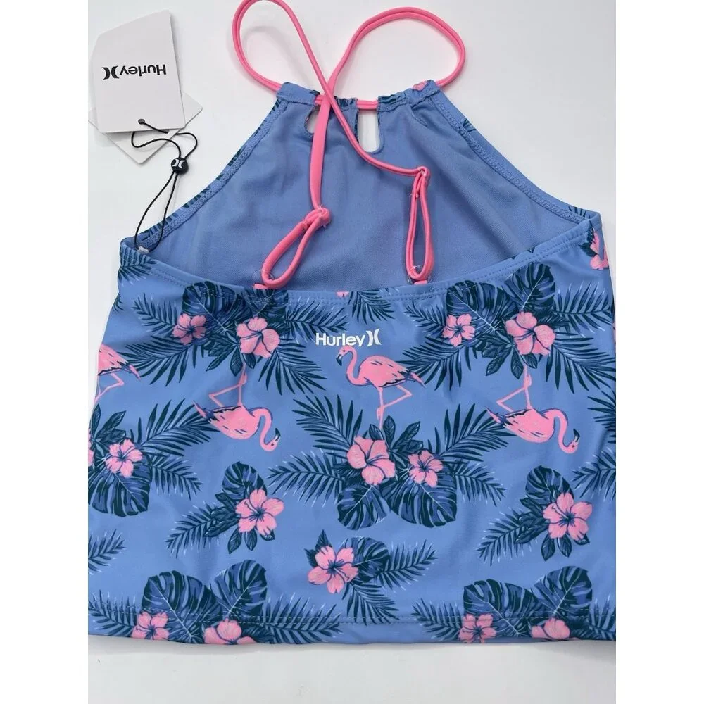 Hurley Tankini Top Girls Kids Youth Size 7 Blue Pink Flamingos UPF‎ 50+
